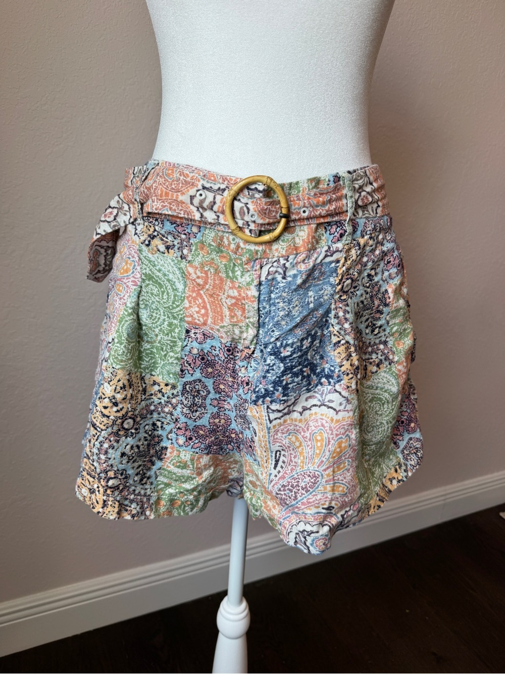 Rachel Zoe 100% Linen Paisley Belted Paperbag Shorts Large